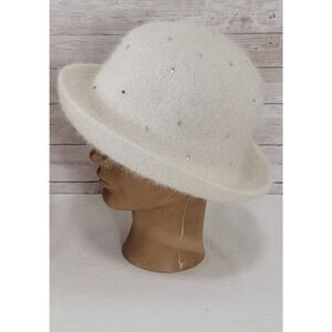 Vintage Cappelli Y2K White Angora Sequin Studded Embellished Women Bucket Hat